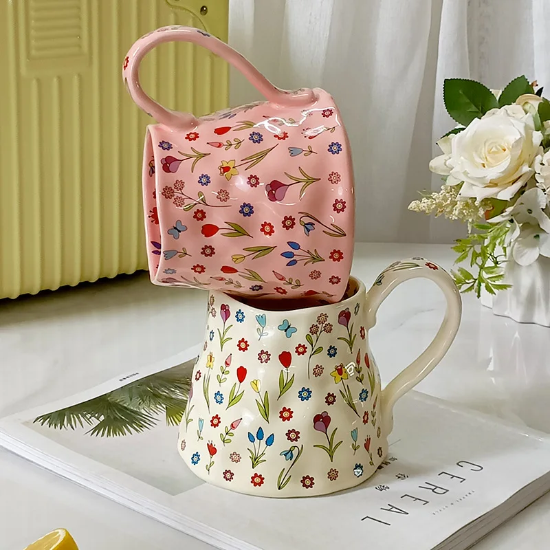 Korean Style Ceramic Mug Cute Hand Pinched Irregular Small Flower Pattern Coffee Cup Breakfast Milk Tea Cups Gift for Kids Girls