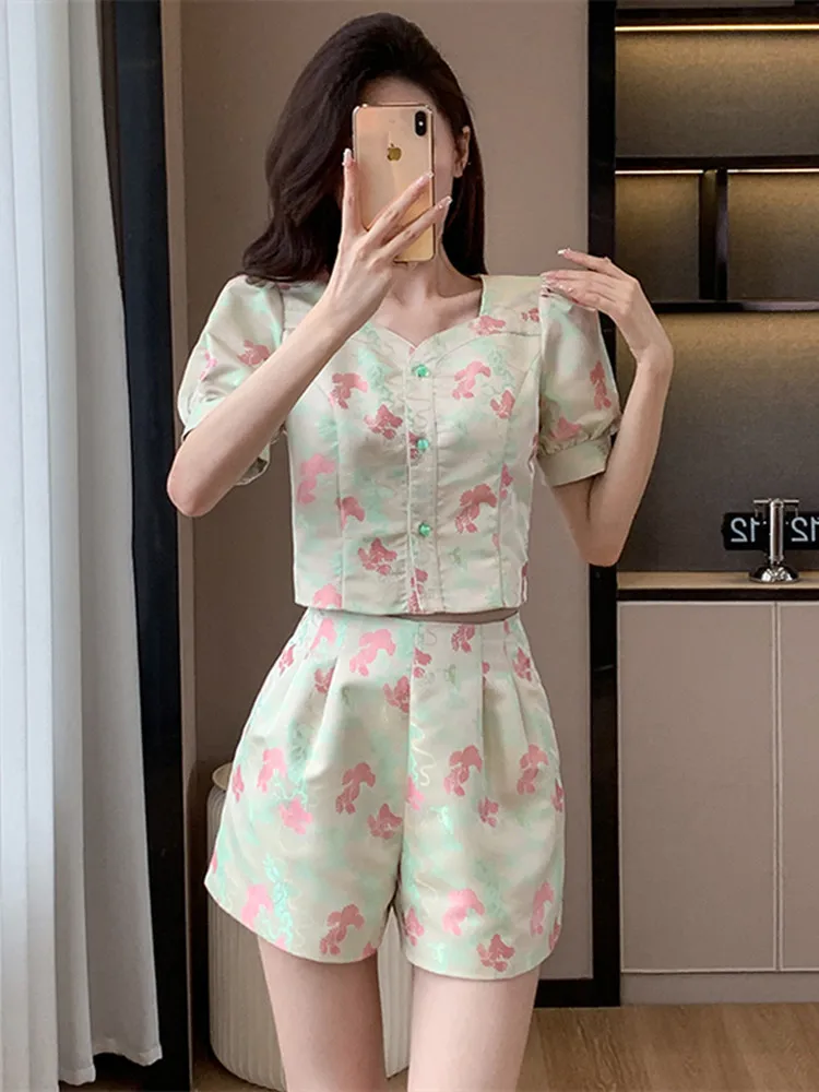 High Quality Small Fragrant Print Two Piece Set For Women Jacket Coat + Short Suits Fashion Casual Jacquard 2 Piece Pant Sets