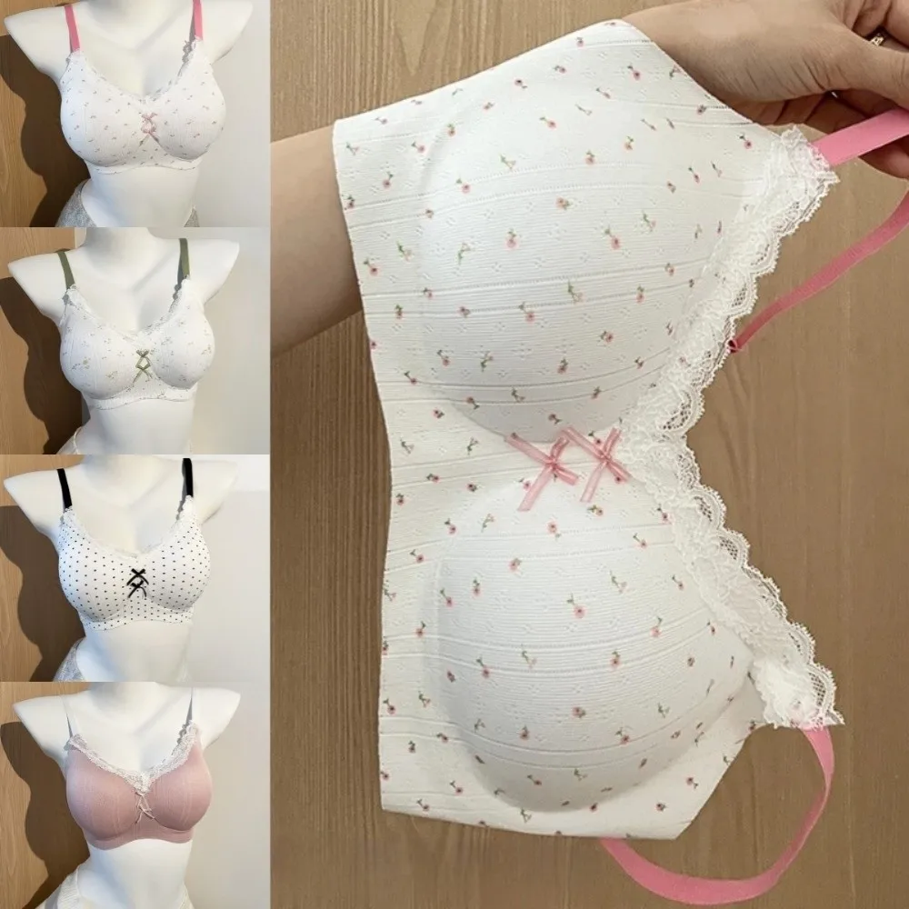 Traceless Lace Wireless V Bra Dots Pattern Flower Bow Lace Floral Print Bra Lingerie Shockproof Seamless Bras Yoga
