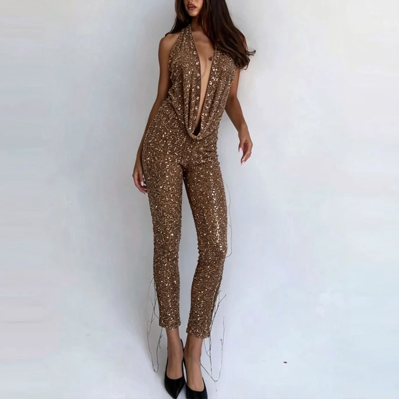 

Elegant Swinging Collar Crop Top & Long Pant Suit Fashion Shinny Sequin Slim Party 2Pc Set Women's Sexy Sleeveless Solid Outfits