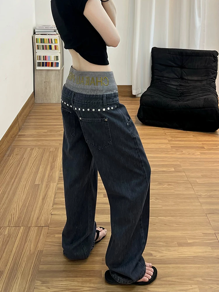 Retro American Fake Two-Piece Jeans with Rivets And Lettering Design for Women Fall Season Spicy Girl Floor-Length Pants