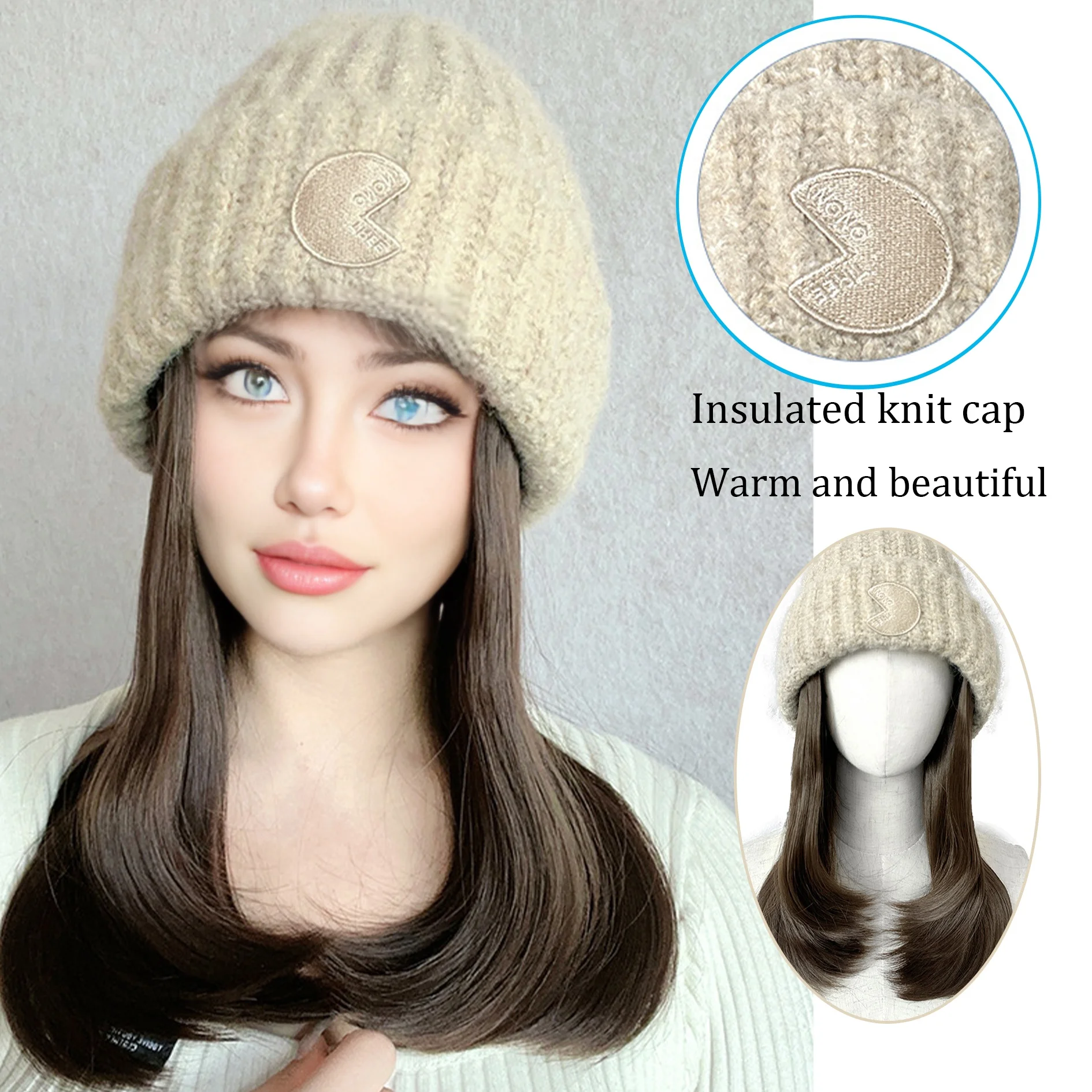 Synthetic hat wig integrated female clavicle hair simulation hair full head cover new women's fashion knitted wig hat