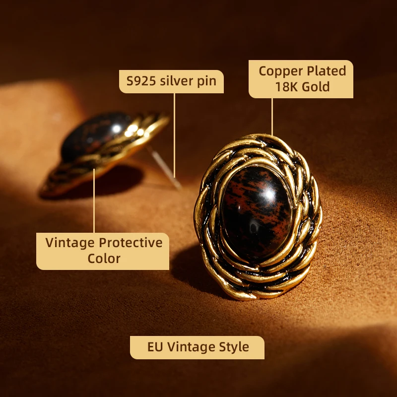 LEWIS SEGAL Medieval Vintage 18k Jewelry for Women Black Striped Turquoise Oval Stud Earrings 18K Gold Plated