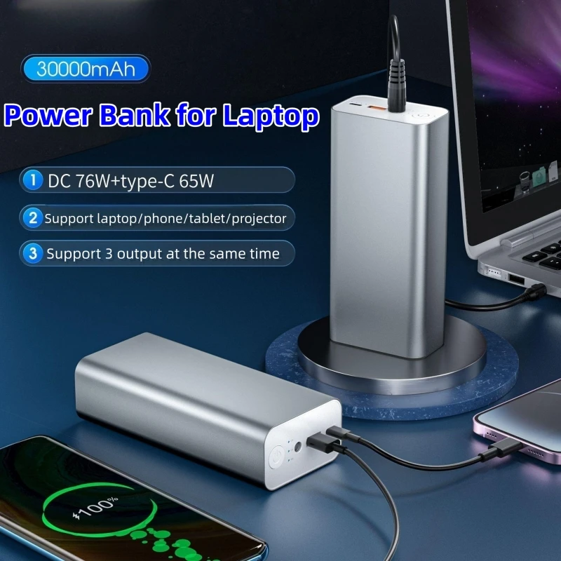 

PD65W Fast Charging Power Bank 30000mAh Powerbank for Laptop iPhone 14 Samsung Huawei External Battery Charge with 76W DC Output