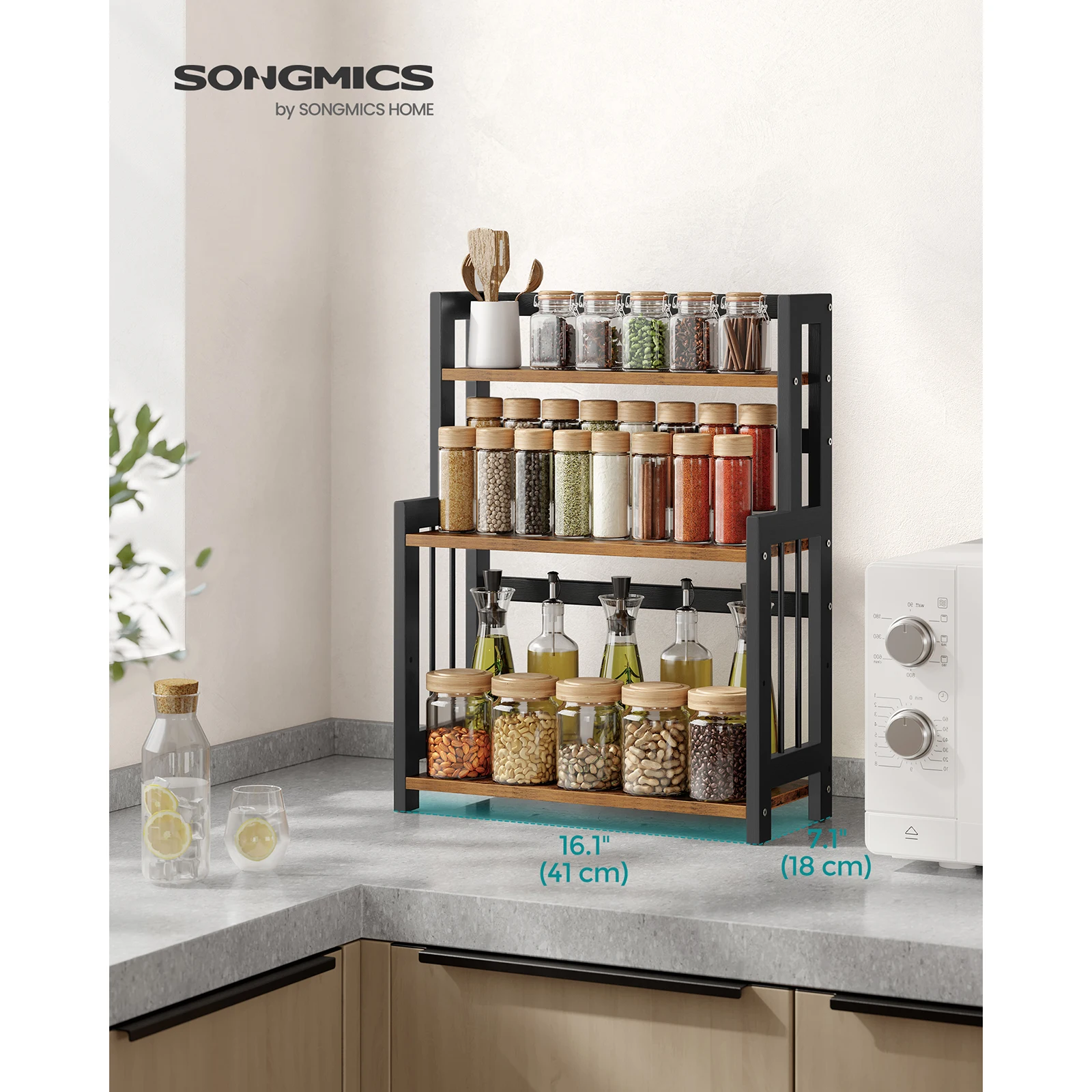 SONGMICS Spice Rack, 3 Tier Storage Rack, Desktop Organizer, Bamboo Frame, for Kitchen, Dining Room, Office