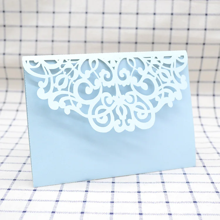 13x18cm Light Blue Luxury 3d Pop up Laser Cut Wedding Card Invitation Envelope Trifold