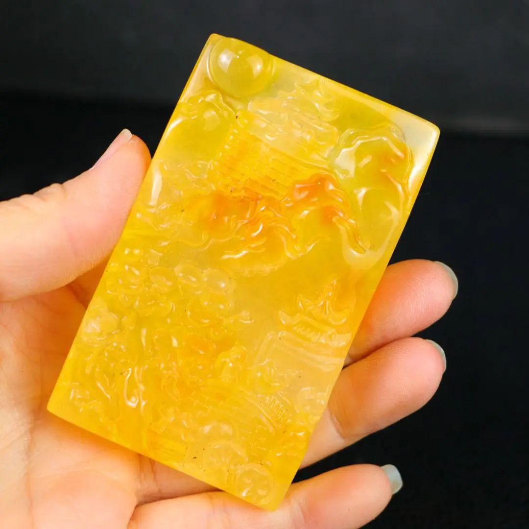 

Ice yellow jadeite belt red jadeite carved landscape pendant hydrated jade pendant jade pendant men's and women's models