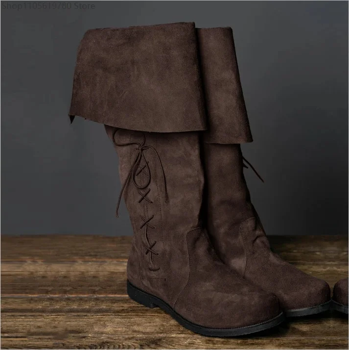 New Retro European Men Medieval Pirate Long Boots Renaissance Viking Folded Top Lace Up Tall Boots for Halloween Cosplay Party