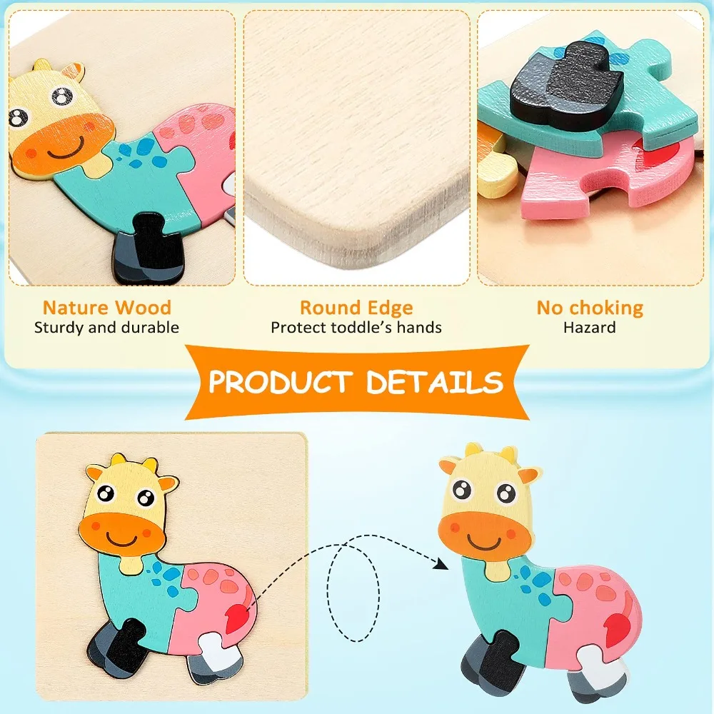 3D 어린이 나무 퍼즐, 만화 동물 퍼즐, 동물 인지 2 in 1 조기 학습 퍼즐 세트
