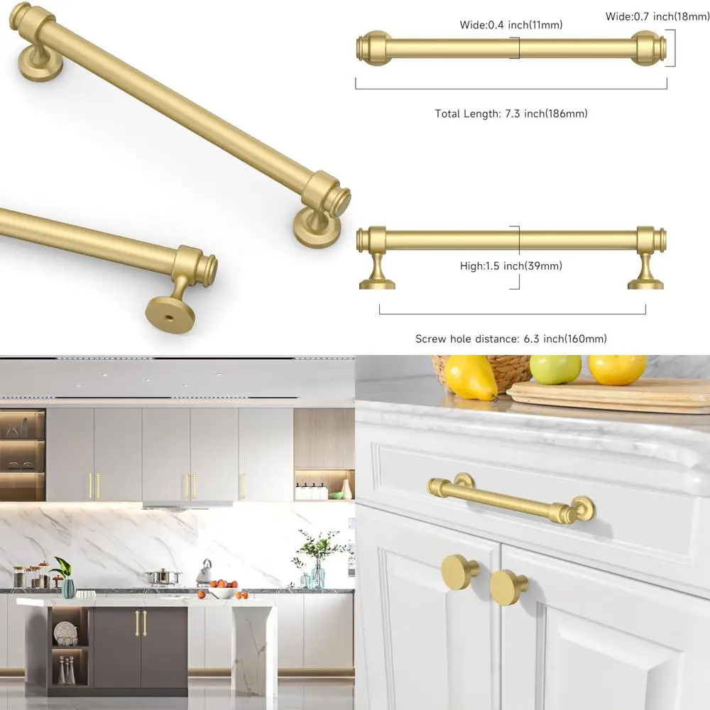 

6.3 Inch Brushed Gold Kitchen Cabinet Handles, 10-Pack, Pulls for Cupboard Drawers, Hardware Accessories