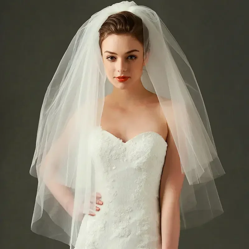 Short Cathedral Veils Wedding Bridal and Accessories 2 Tier White Tulle Blusher Comb for Women