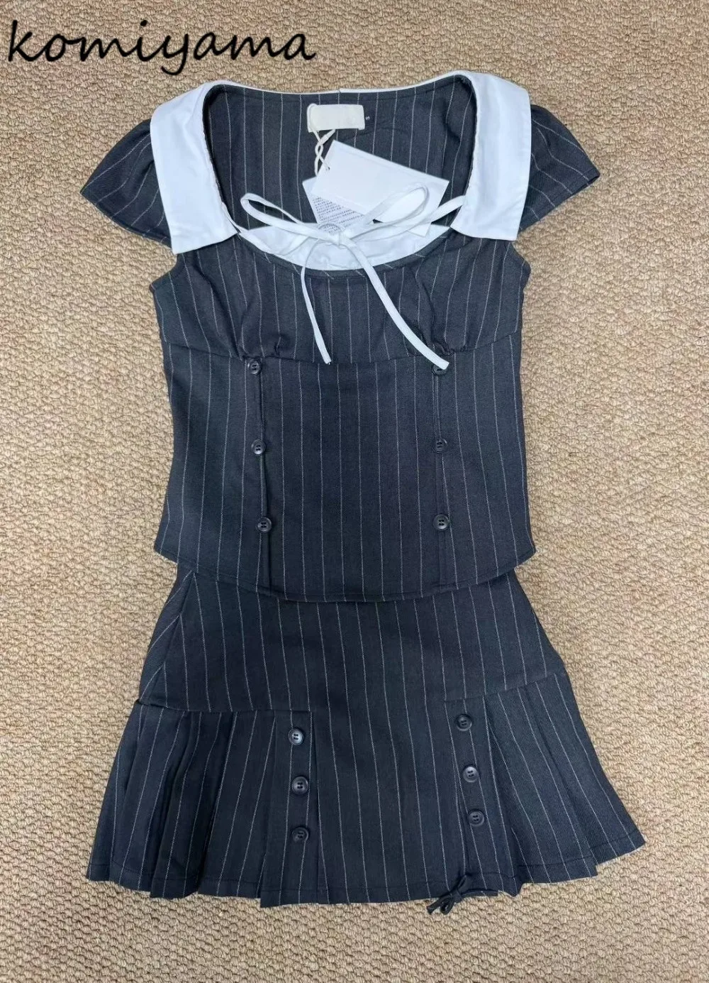 

Lapel Neck Bandage Bow Botton Shirts High Waist Pleated Mini Skirt Moda Contrast Stripe Sets Japan Preppy Style Student Suit