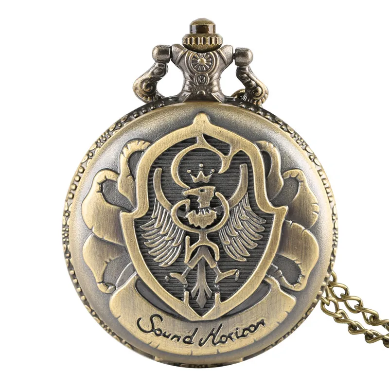 Bronze Polish Eagle Pattern Men Women Quartz Analog Pocket Watch Pendant Necklace Chain Arabic Number Display