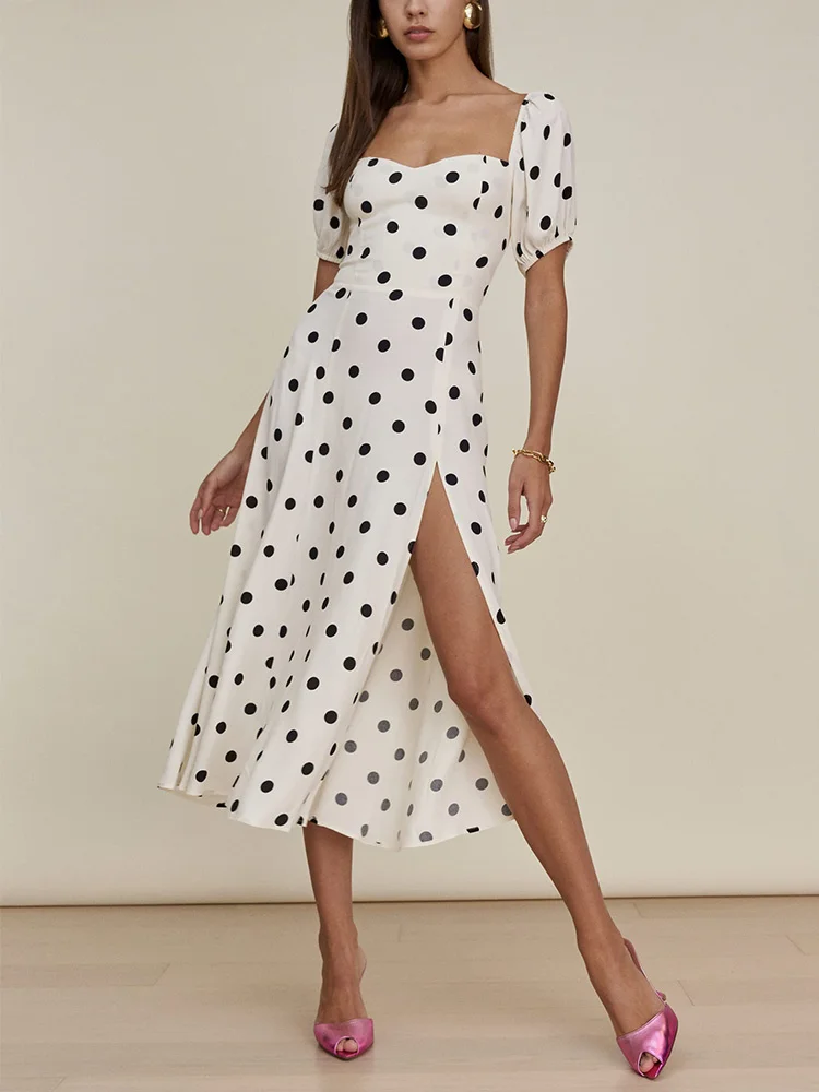 Women Dresses Sweetheart Neck Elegant Vintage Polka Dot Smocked Back Tie Bow Short Sleeve High Slit Sexy Summer Midi