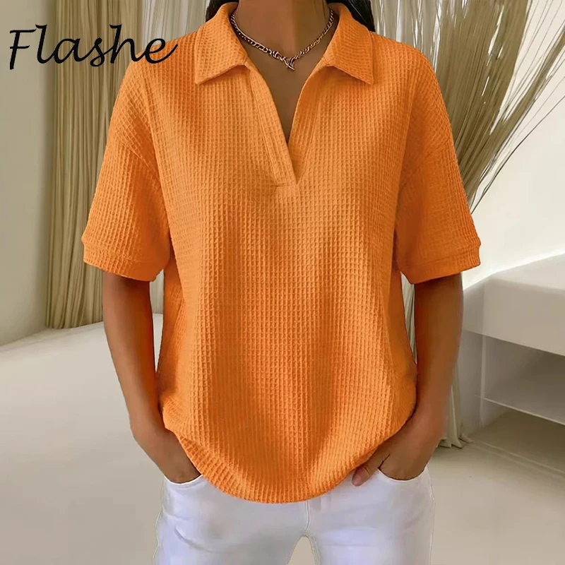 Modische Damen-T-Shirts mit kurzen Ärmeln, einfarbig, V-Ausschnitt, T-Shirts für Damen, lässige, lockere Pullover-Tops, Pendler-T-Shirt