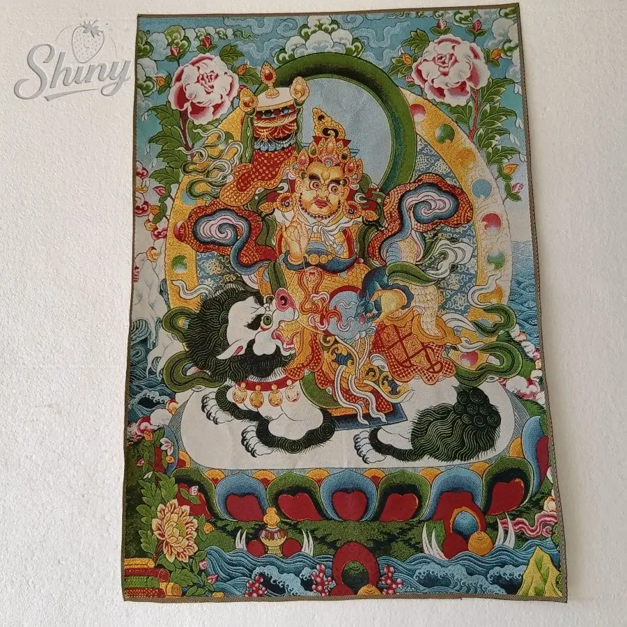 

35.4″ King of Treasures Brocade Tibetan Tangka Embroidery Painting Gold Thread Embroidery Decorative Hanging Pictures