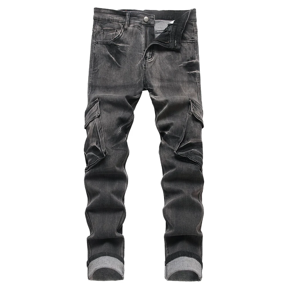 

Men's Multi-Pocket Cargo Denim Jeans Gray Black Stretch Cotton Spandex Pants Casual Streetwear Slim Straight Trousers