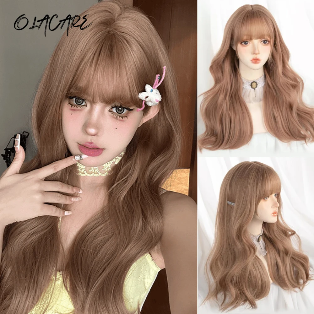 OLACARE Long Curly Hair Wig with Bangs Daily Brown Black Lolita Cosplay Braided Wigs Heat Resistant Fiber Party Fake Hair Women