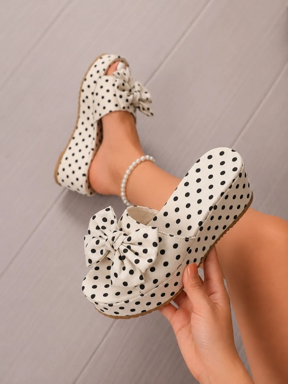 Übergröße 43 Damen Polka Dot Keilabsatz-Sandalen mit Schleifendekor Knöchelriemen Plateau-Schuhe Sommer Strand Fußbekleidung – Detail 8