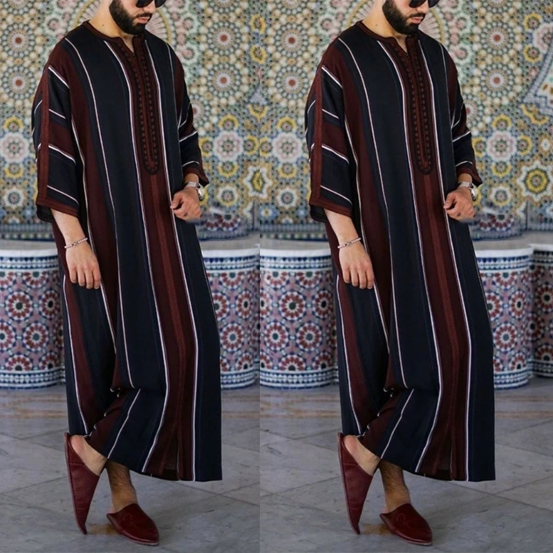 Vestidos muçulmanos para homens listrados manga longa camisa dubai kaftan thobe robe vestido reto lazer estilo corrida roupas