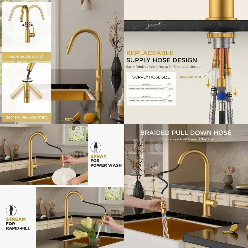 

Pull-Down Spray Kitchen Faucet with High Arc Gooseneck Sink Mixer, Single Handle Stainless Steel, CUPC Certified Cartridge