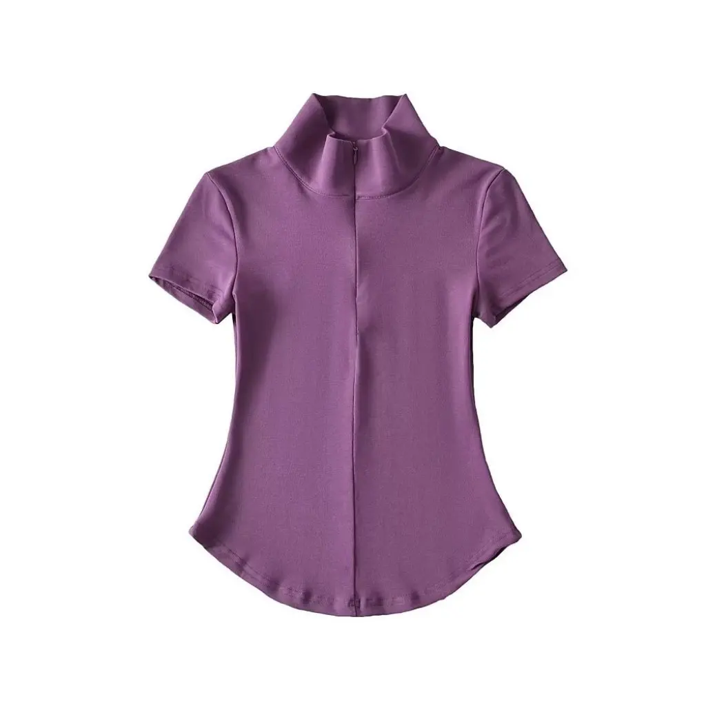 

YPFF Women's Trendy round Hem Ant Waist Top Stand Collar Half Zipper Slim Fit Sexy Short Sleeve T-Shirt