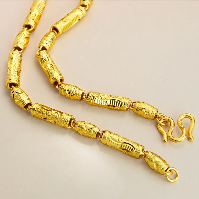 New 24K real gold cylindrical olive bead necklace men's 9999 trendy light luxury gold large chain accessories