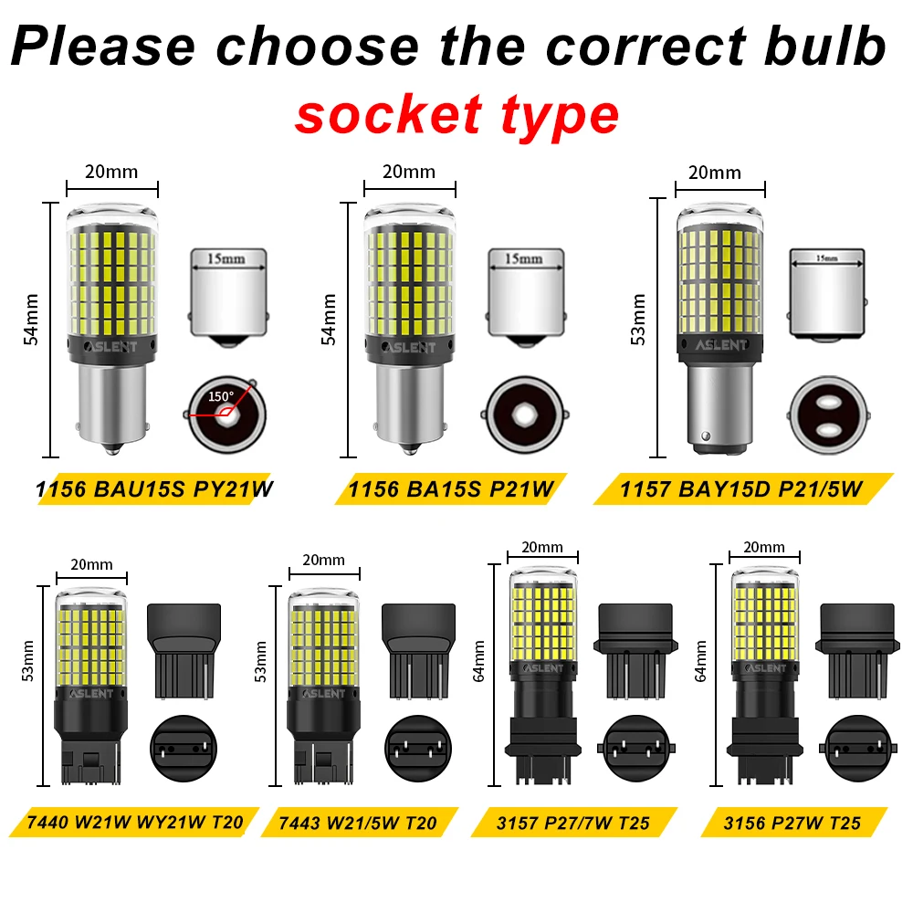 Luz led intermitente de 2 piezas para coche, Bombilla de señal para canbus py21w 5W P21w bau15s 1156 BA15S T20 W21/5W 3157 1157, 144smd