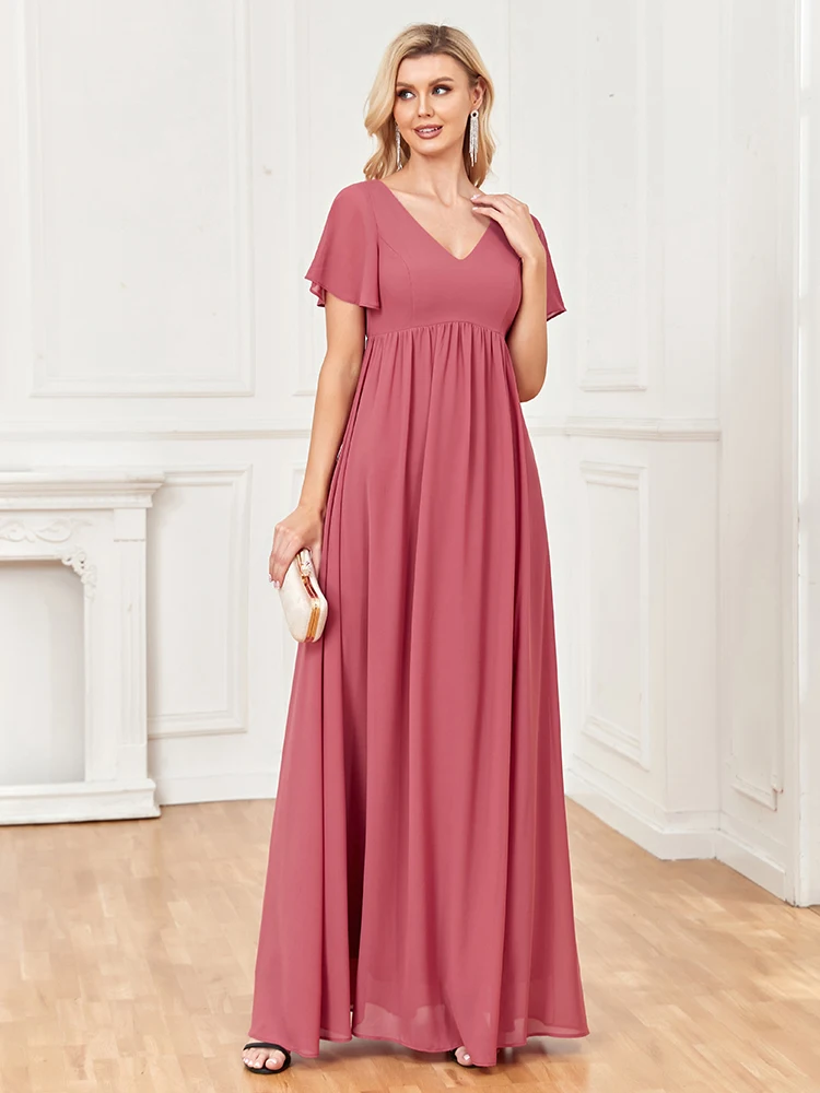 2023 Nieuwe Lente Zomer Chiffon Avondjurken Dubbele V-hals A-lijn Wedding Party Bruidsmeisje Dress Side Slit Floor Lengte Jurk