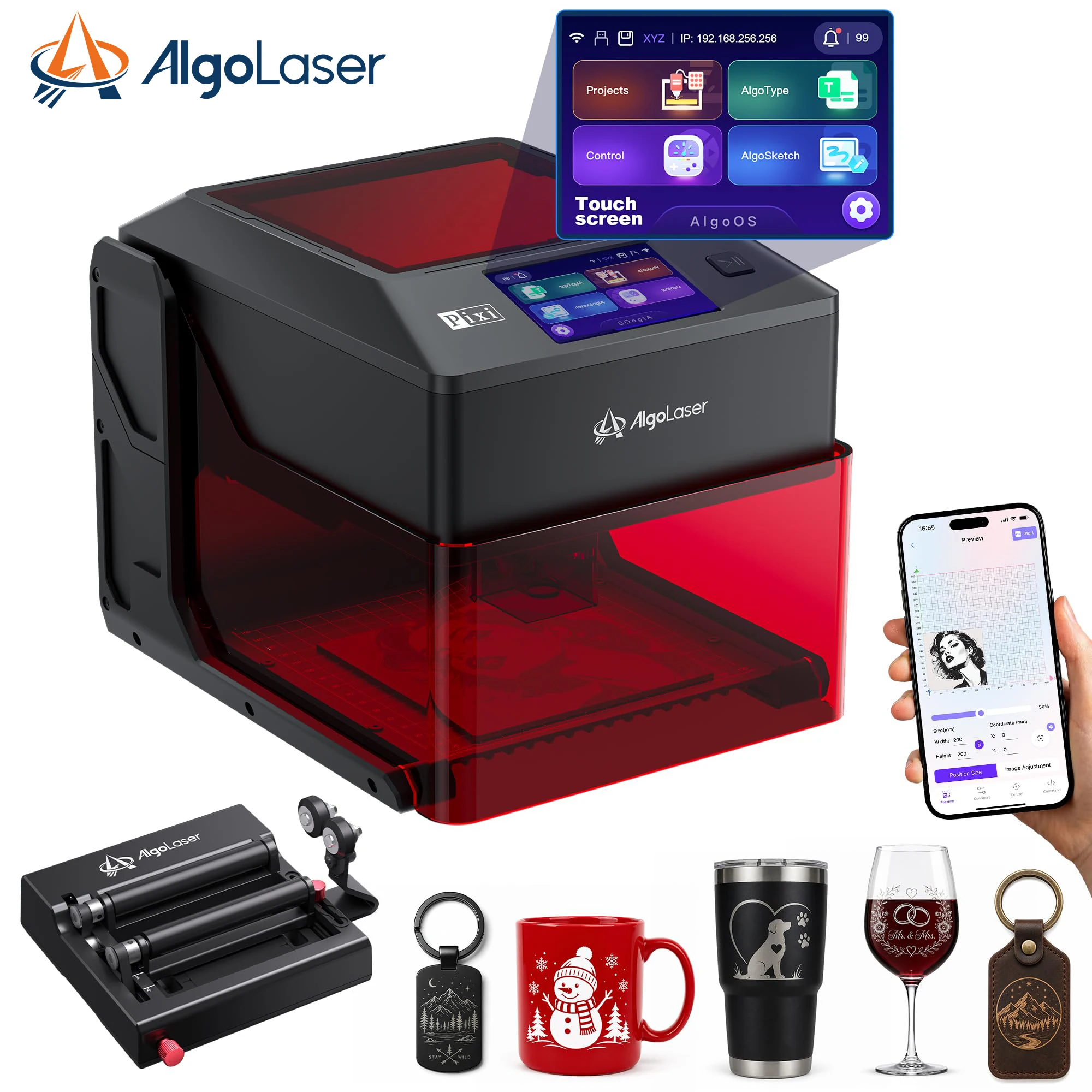 AlgoLaser 10W Rotary Roller Kit Laser Engraver Machine  Beginner-friendly No PC Required for Tumblers  Cups Wood Leather & Acrylic