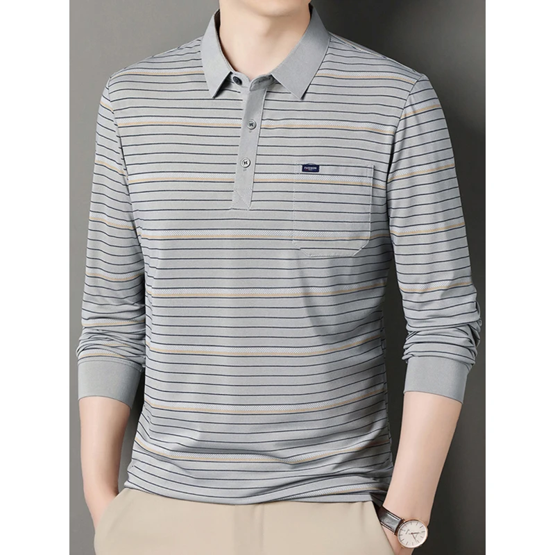 Striped Long-Sleeved Polo Shirt Spring and Autumn Middle-Aged Men's T-shirt Loose Casual Dad Wear T-shirt Undershirt Top