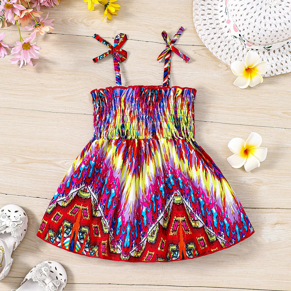 

Baby Girls Strap Dress Tie Dye Shoulder Shirred Cami Dress Hawaiian Boho Smocked Pinafore Beach Sundress