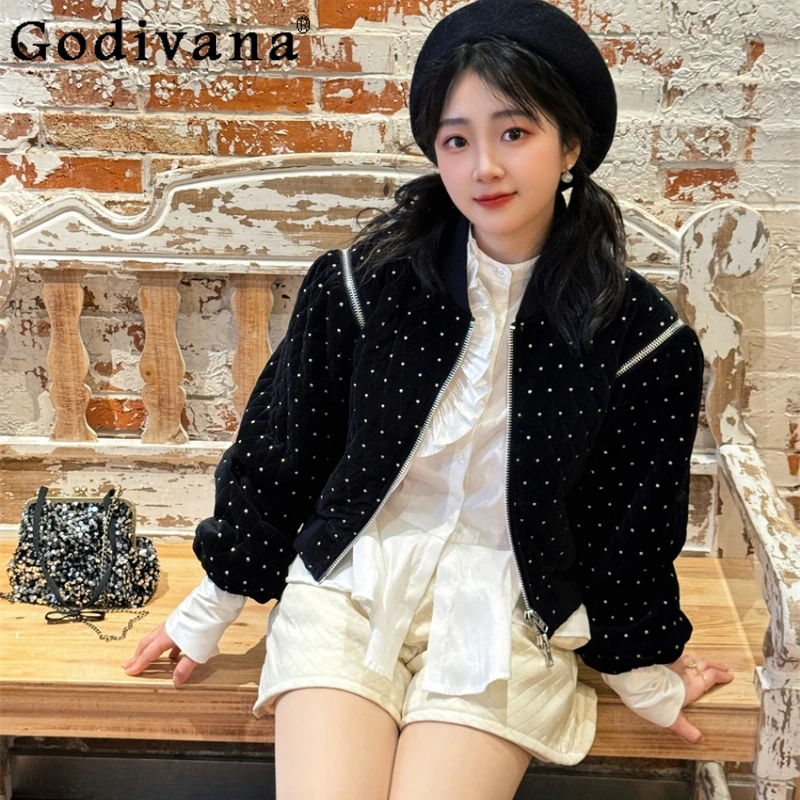 

Japanese Style Black Short Cardigan Jacket Autumn and Winter Removable Sleeves Polka Dot Cotton Padded Coat Ladies Sweet Coat