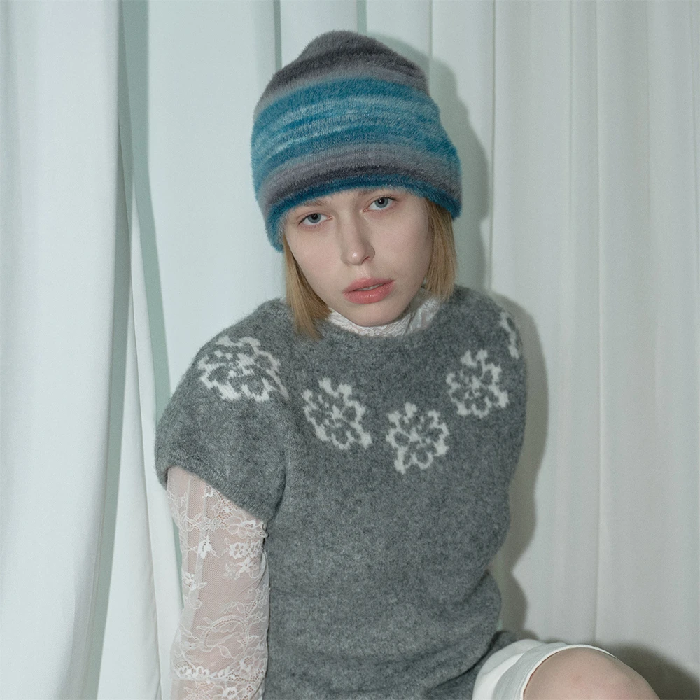 Women's Winter Striped Knitting Hat Unisex Ear Protection Retro Warm Cap Korean Version Big Head Wrap Hats Clothing Accessories view 4