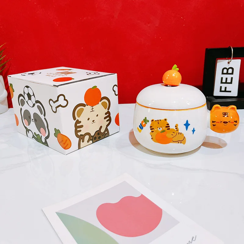 

300ml Cute and Creative Cartoon Ceramic Tiger Student Children's Breakfast High Beauty Mack Tea Cup with Cover