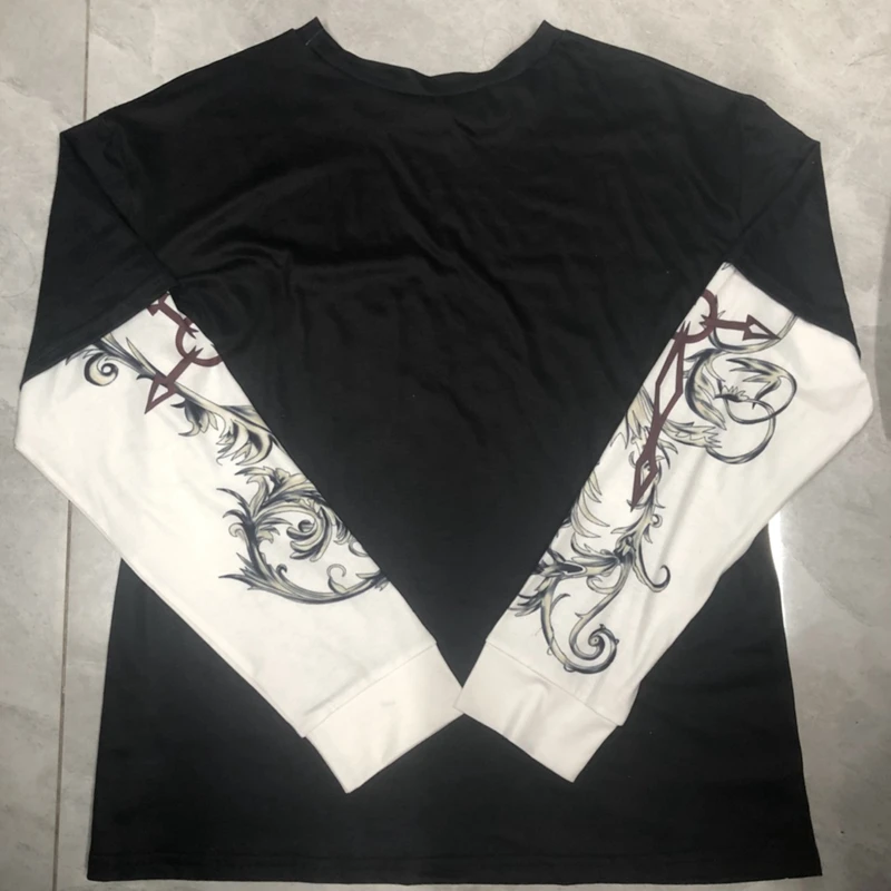 00s Vintage y2k gefälschte zweiteilige Langarm Cross Wing Print T-Shirt Gothic Grafik O-Ausschnitt T-Shirt Harajuku ästhetische Frauen Crop Top