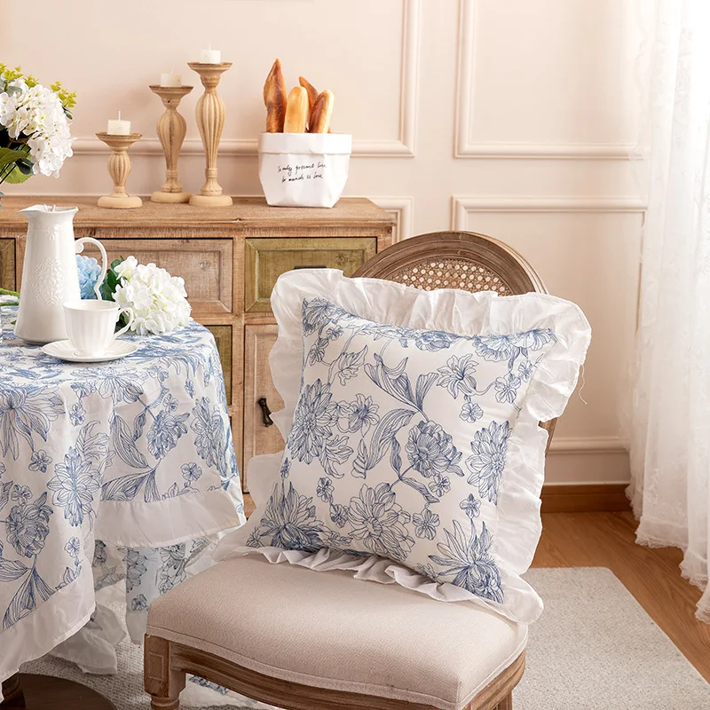 

French Country Style Pure Cotton Embroidered Lace Ruffled Pillowcase for Sofa in Living Room Flower Pattern Throw Pillow Set