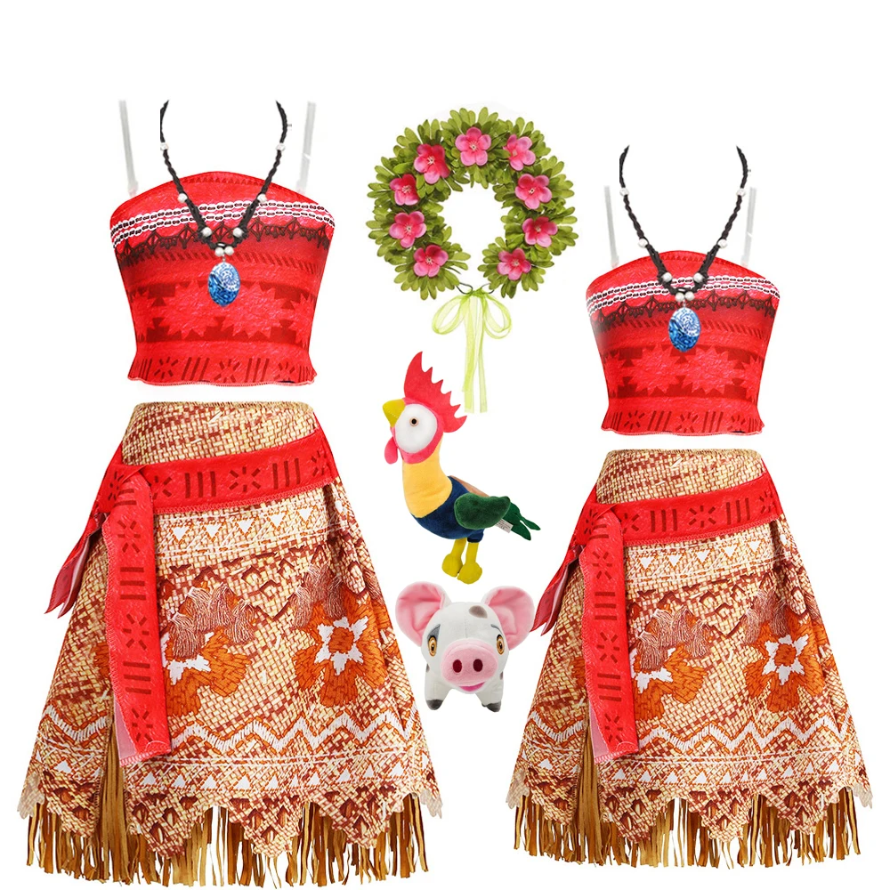 

Girls Moana Costume Outfit Children Cosplay Princess Dress Summer Casual Beach Dress Necklace Wig Set Party Dresses For Girls