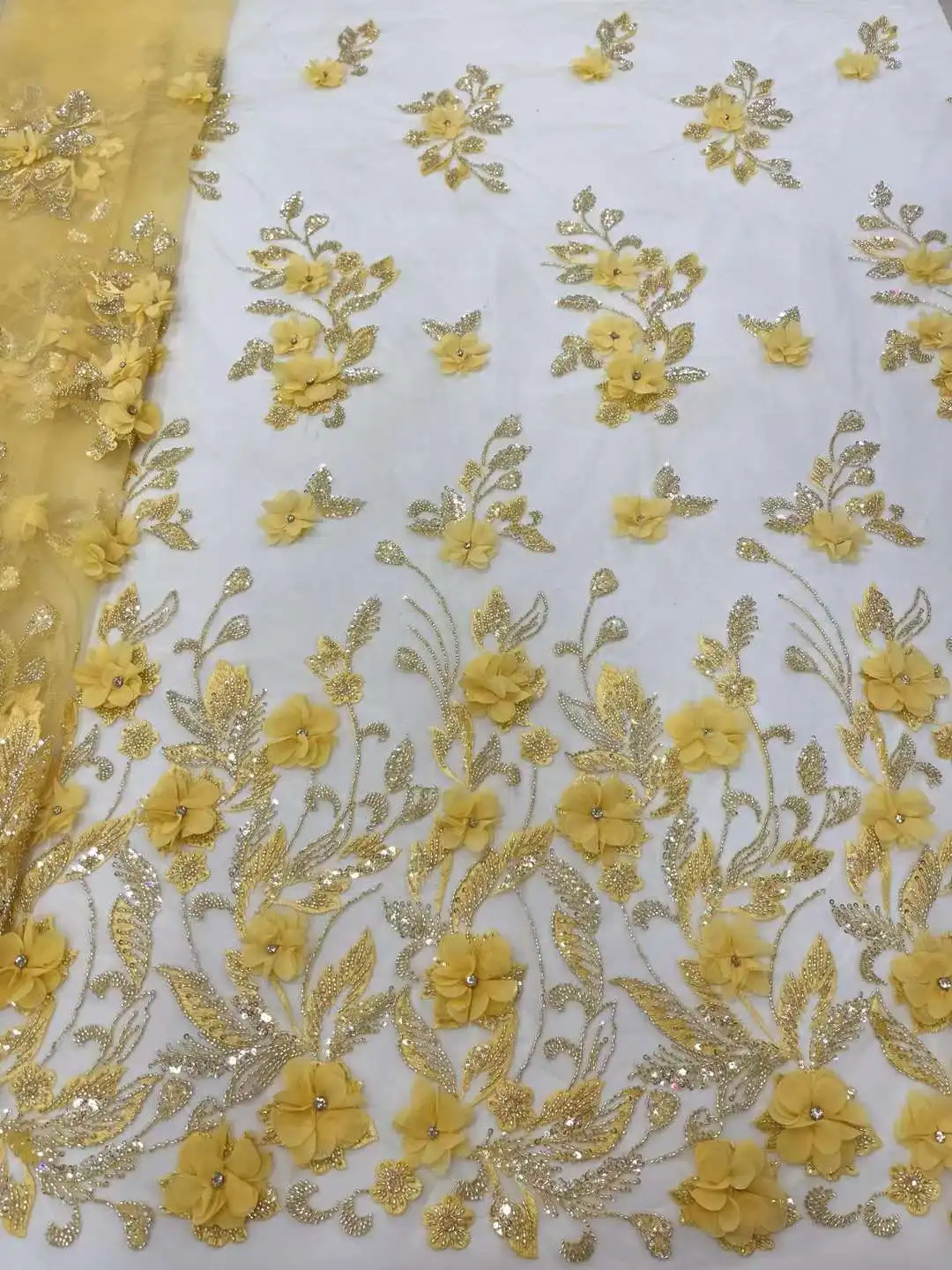 Tissu en dentelle à paillettes de fleurs 3D français, perles NigWin, robe de soirée de mariage, haute qualité, dernier, 5 mètres, 2024