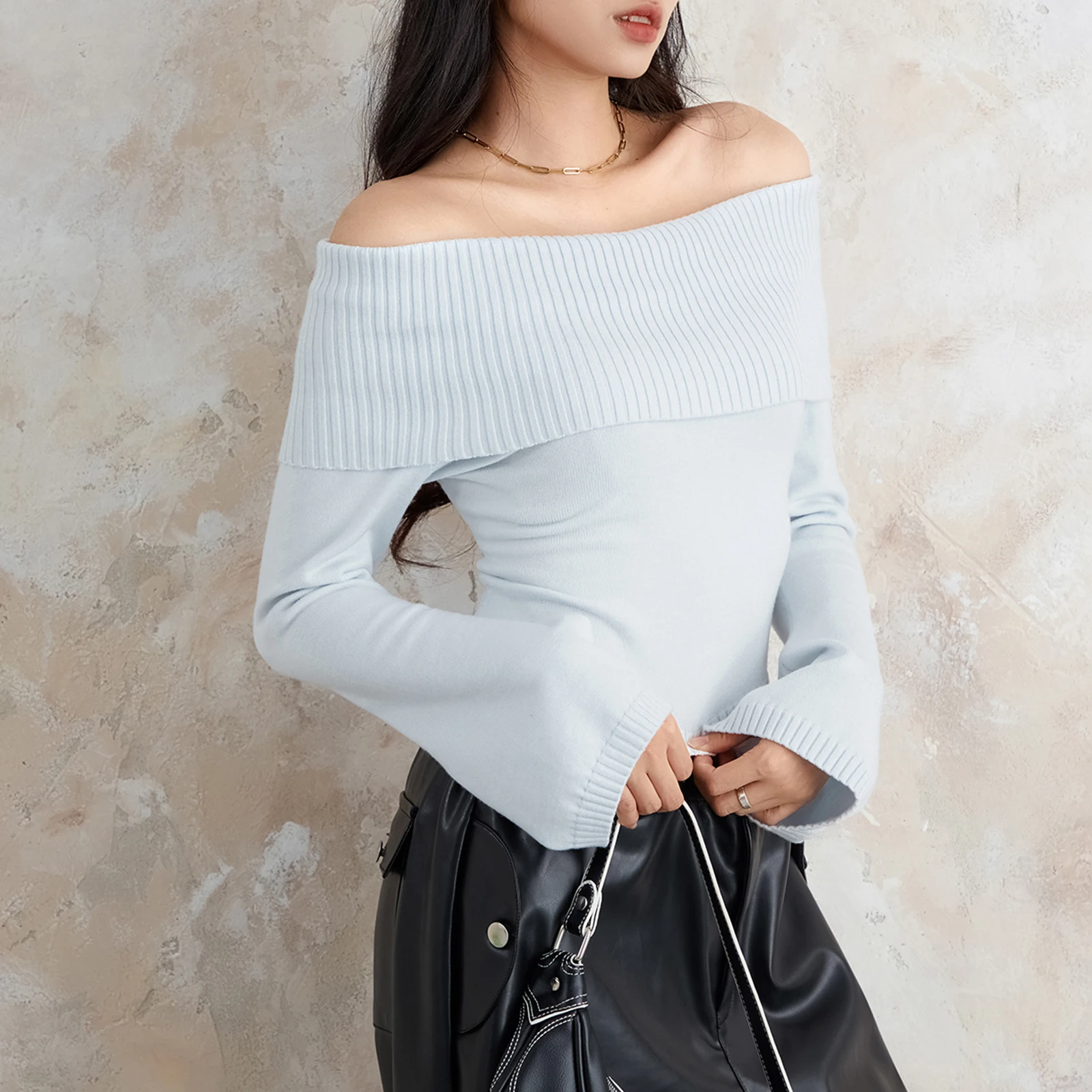 Fashion Women Slash Neck Knitted Sweaters Tops Streetwear Long Sleeve Off Shoulder Ribbed Pullovers Slim Fit Causal Jumpers