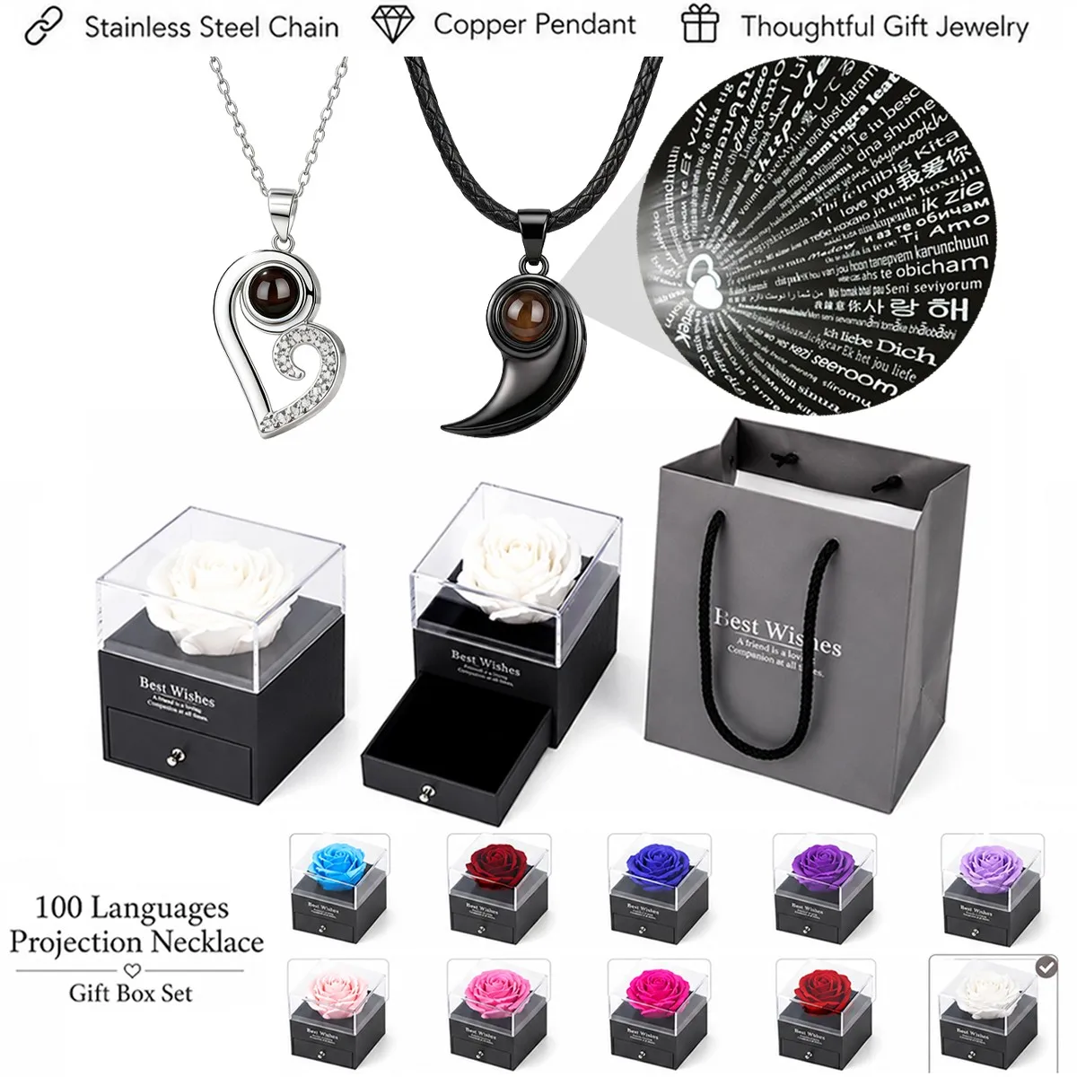 100 Languages Projection Pendant Moon Necklace For Couple Lovers With Rose Gift Box Christmas Valentine Birthday Wedding Jewelry