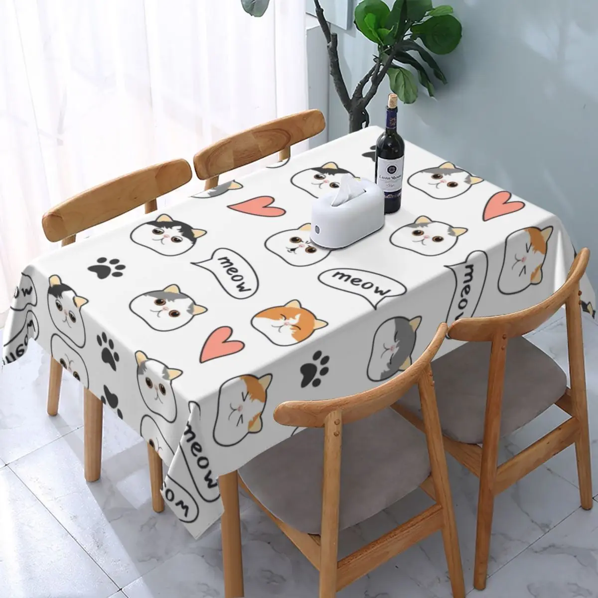 Waterproof Persian Kitten Exotic Shorthair Head Meme Tablecloth Backed Elastic Edge Table Cover Cartoon Cat Pattern Table Cloth