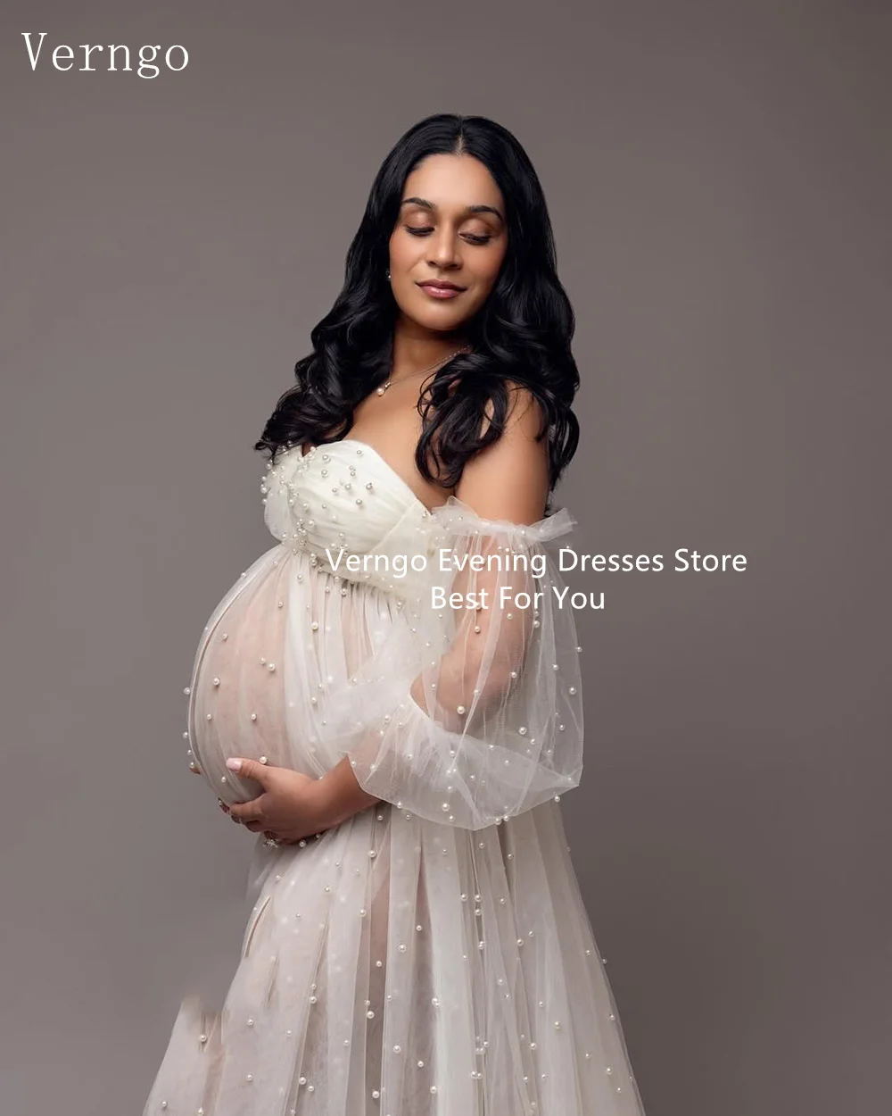 Verngo White Tulle Pearls Maternity Dress for PhotoShoot Dresses for Pregnancy in white Dress Plus size Customized