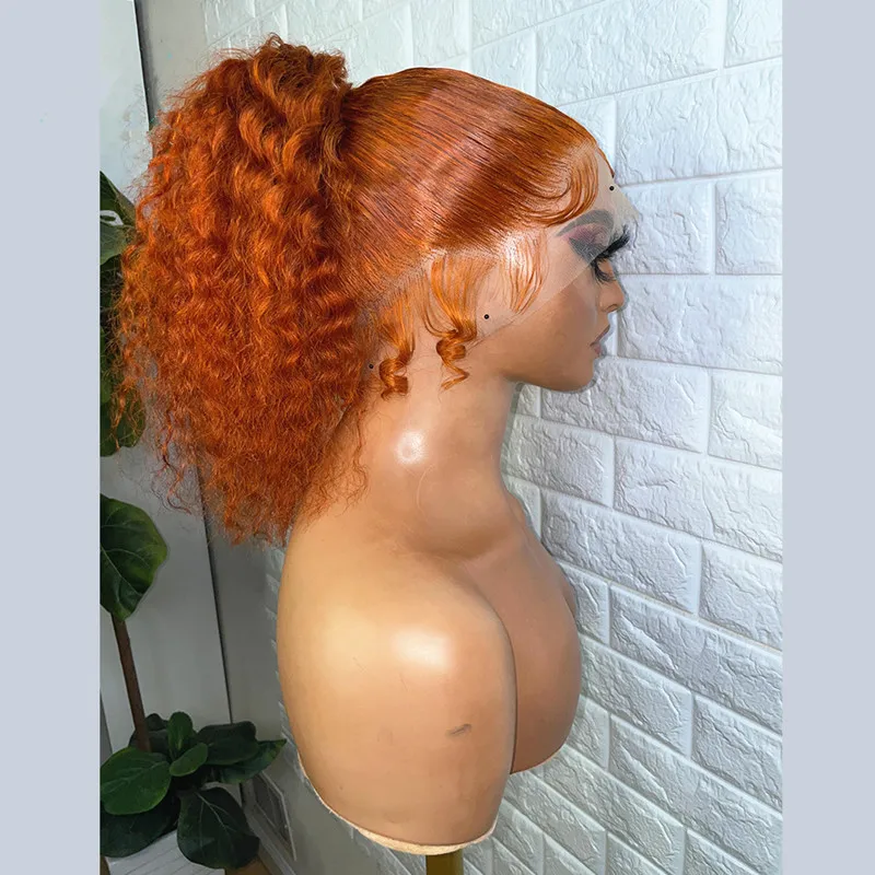 

Preplucked Soft 180%Density 26Inch Long Ginger Orange Kinky Curly Natural Hairline Glueless Lace Front Wig For Women Babyhair