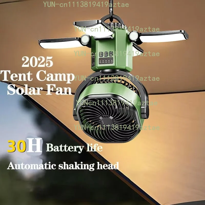 Camping Solar Fan With 6000mAh Battery Powered Tent Camp Fan With Light 4 Speed Wind Adjustable Air Cooling Fan For Outdoor