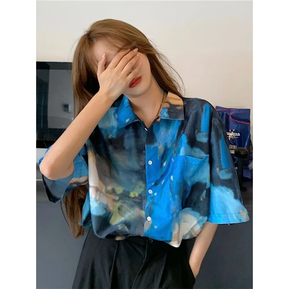 Streetwear Patchwork Printing Women Clothing Short Sleeve Shirts Summer Fashion Trend Tops Ladies Loose Straight Buttons Blouses