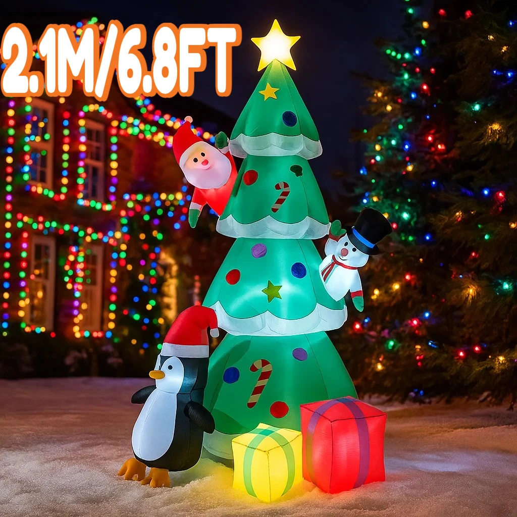 2.1M/6.8FT Inflatable Christmas Tree Santa Snowman Penguin Gift Box Light LED Home Decor Toy Yard Outdoor Inflatable Decorations