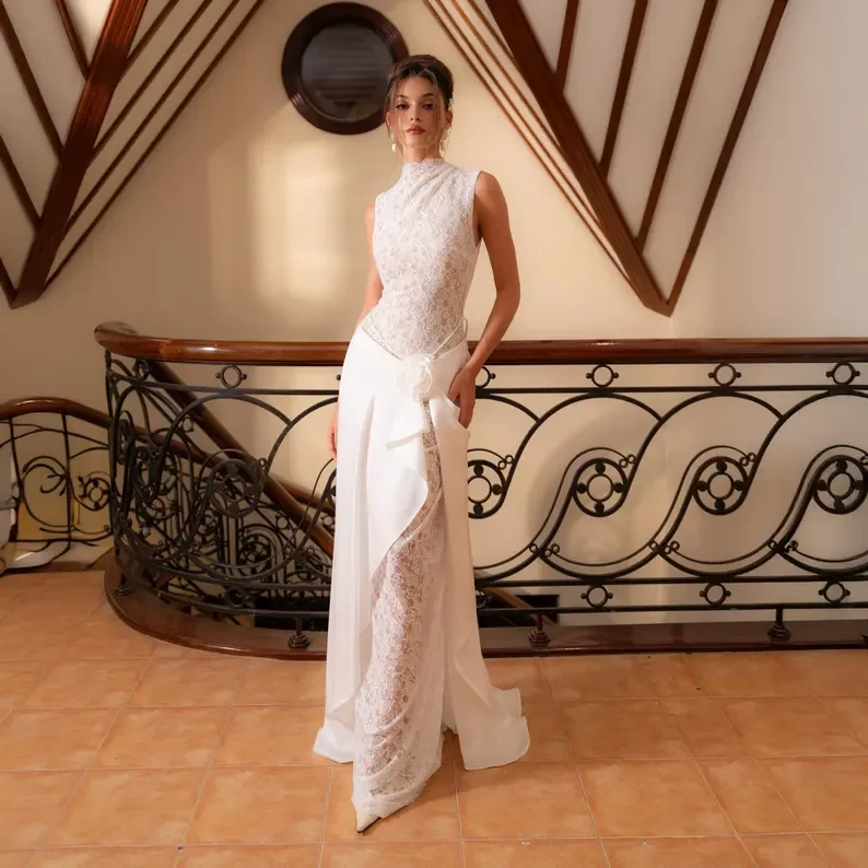 

Customized New Mermaid High Neck Lace Applique Slim Fit Wedding Dress With High Waist And Sexy Two-Piece Princess Bride Dress