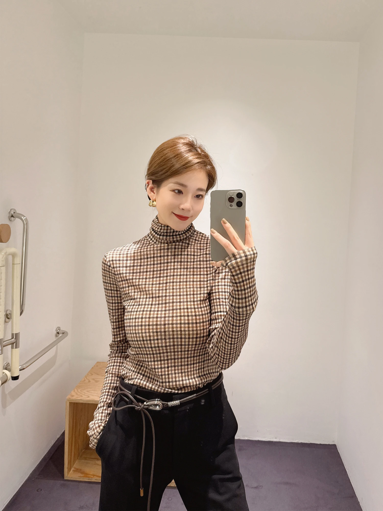 

Slim Fit High Ne Plaid Printed Elastic Base irt T irt Women's Casual Sle Universal Fit High Waist Wool Long Sve Cr...