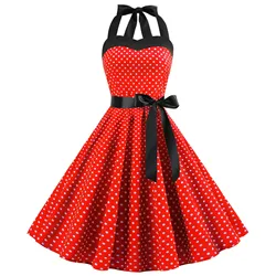 Women'S Fashion Temperament Retro Polka Dot Lace-Up Backless Set Neck Big Swing Puffy Casual Performance Dress Vestidos